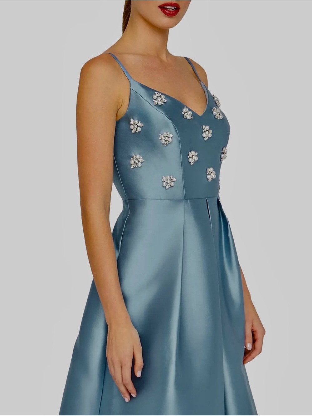 Kay Unger Steel Blue Beaded Satin Maxi Dress - Picture 5 of 5